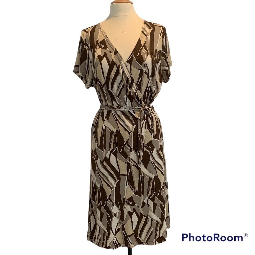 Attention Brown and Tan Semi-Wrap Short Sleeve midi dress XL
